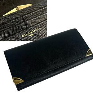 Givenchy Long Wallet Leather Bifold Clutch Mens Womens Black Gold Authentic Vtg